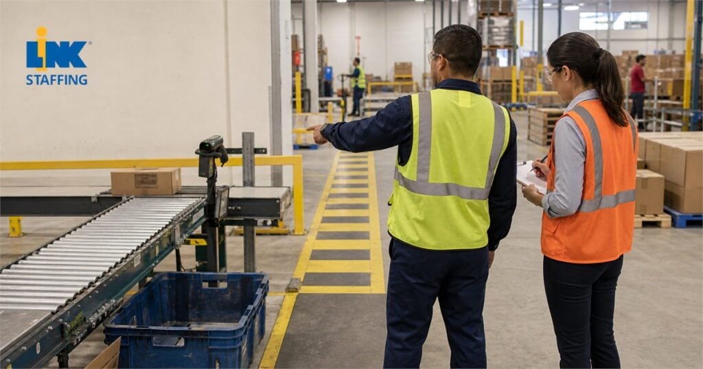 Supervisor and a colleague in hi-vis vests reviewing a job beside a conveyor line on a warehouse floor